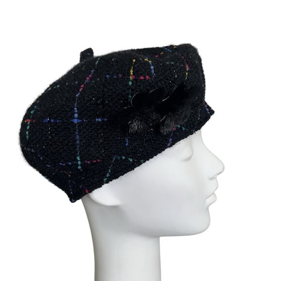 Misa Harada Millinery Tweed Beret Hat, colors, retro, two floral pins on side - Picture 2 of 11